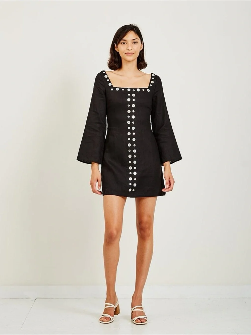 Staud Black Linen Shell Button-Trim Square Neck Dress 0 XS - Picture 5 of 6